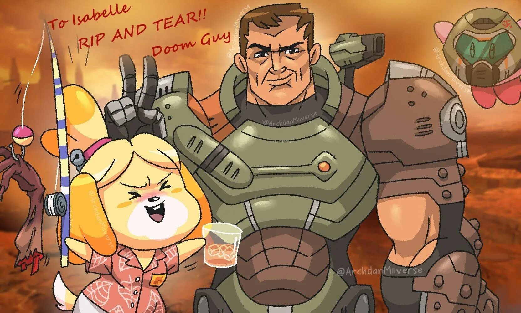 Изабель Энимал Кроссинг и думгай. Animal Crossing Изабель и Doomguy. Изабель Doom. Doom Slayer x Isabelle.