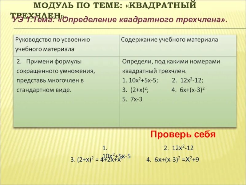 Квадрат трехчлена. Квадратный трёхчлен и его свойства. Найти наименьшее значение квадратного трехчлена. Квадратный трехчлен в квадрате.