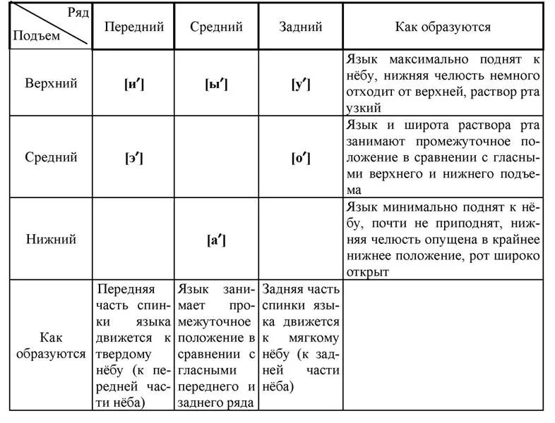 Характеристика первых звуков. Классификация гласных звуков русского языка таблица. Классификация гласных по степени и месту подъема языка. Классификация гласных звуков по подъему языка. Гласные звуки классификация таблица.