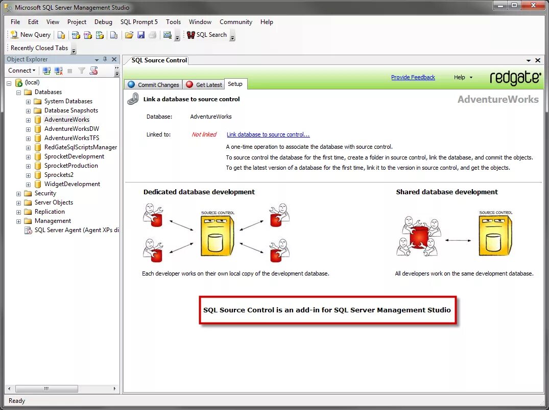 Sql source. Redgate sql. mssql database version. source code control system. source control screenshot.