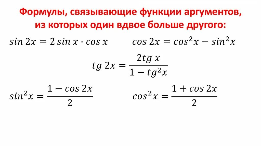 Функции углового аргумента. Формулы связывающие функции аргументов из которых один. Формулы связывающие тригонометрические функции одного аргумента. Формулы двойного аргумента тригонометрических функций. Основные соотношения между тригонометрическими функциями.