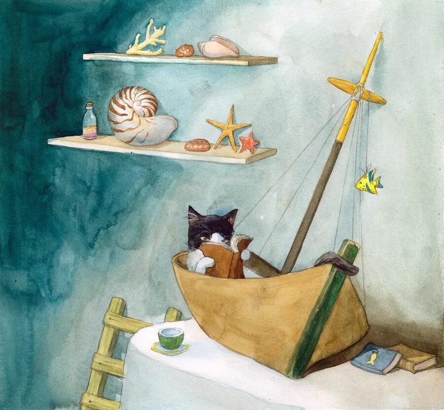 Корабельный кот. Руди Хурцльмайер художник. Руди Хурцльмайер коты. Кот на паруснике. Кот на корабле.
