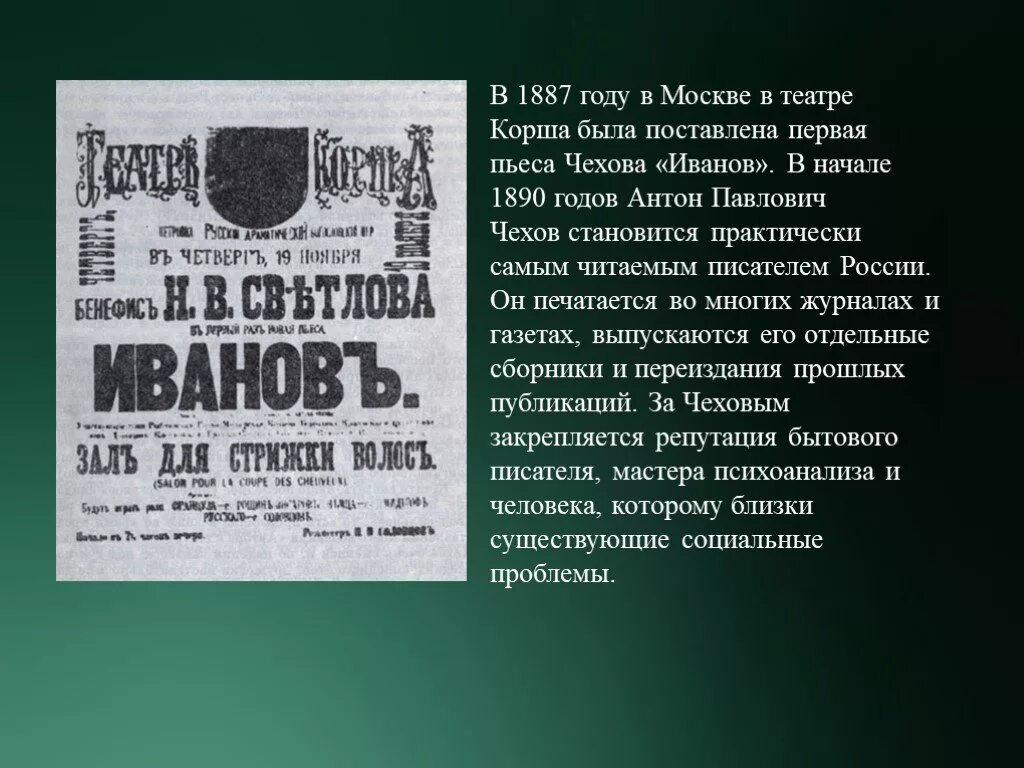 Пьеса Иванов Чехова 1887. Пьеса Иванов Чехова в театре Корша. Иванов в театре Корша 1887 года. Был создан в 1887 году записать словами