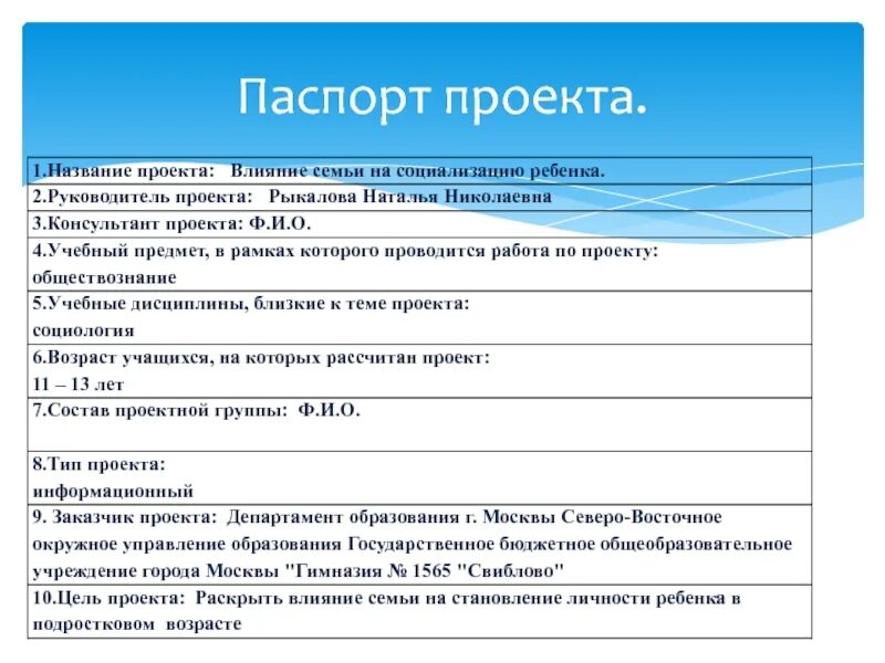 Образец проекта по истории