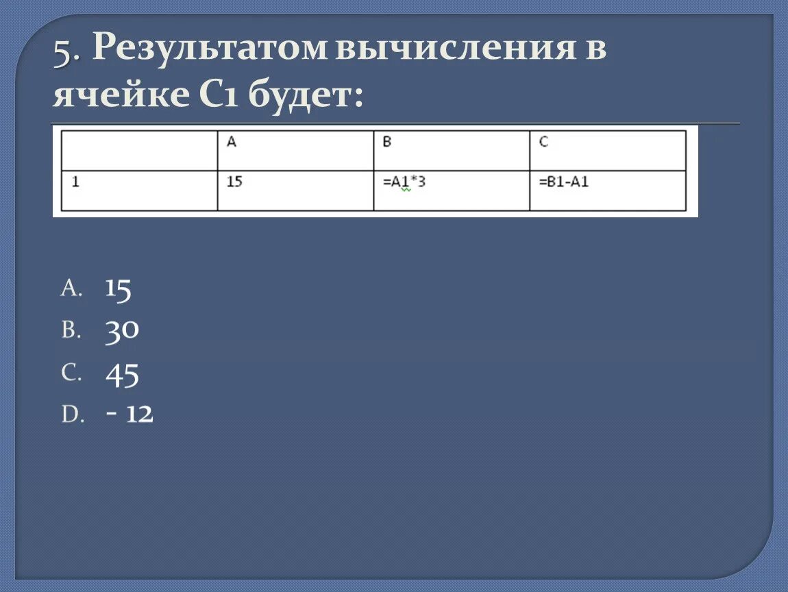 Результат расчетов вычислений. Результатом вычислений в ячейке с1. Укажите результат вычисления формулы в ячейке с1?. Результат в ячейке с1. Результатом вычислений в ячейке с1 будет.