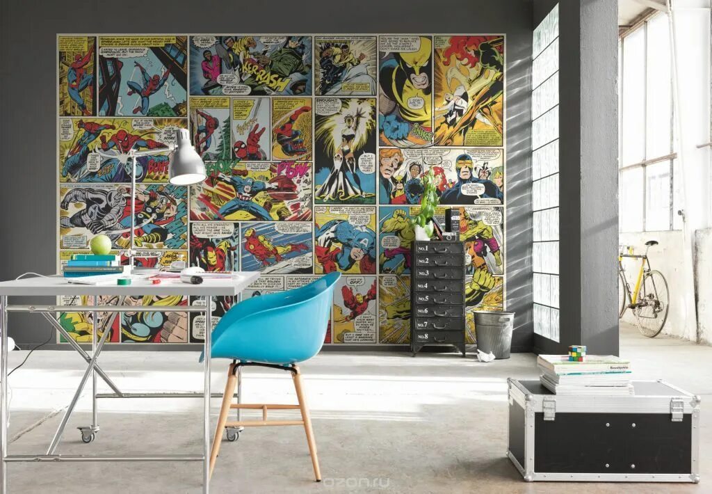 Comics room. Komar фотообои Marvel. Интерьер в стиле комиксов. Интерьер в стиле Марвел. Постеры на стену.