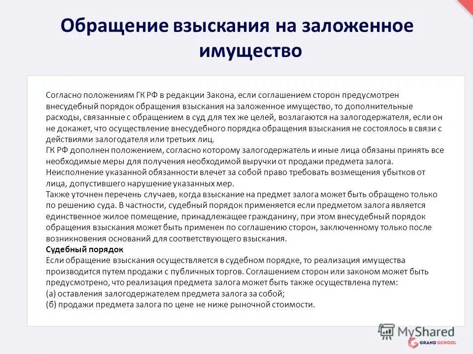 Обращение взыскания на заложенное имущество. Порядок залога имущества.