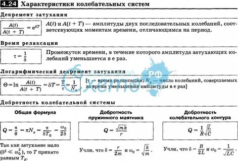 Характеристика колебаний таблица