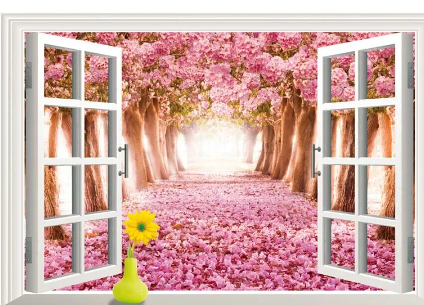 Вишневый сад декорации. Розовые окна. Фотообои открытое окно с видом в сад. Вид из окна на Цветущий сад. Фотообои 3 d вид из окна.