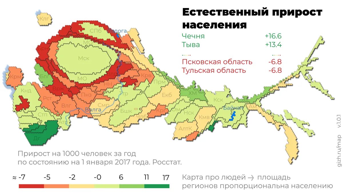 Прирост населения по субъектам рф