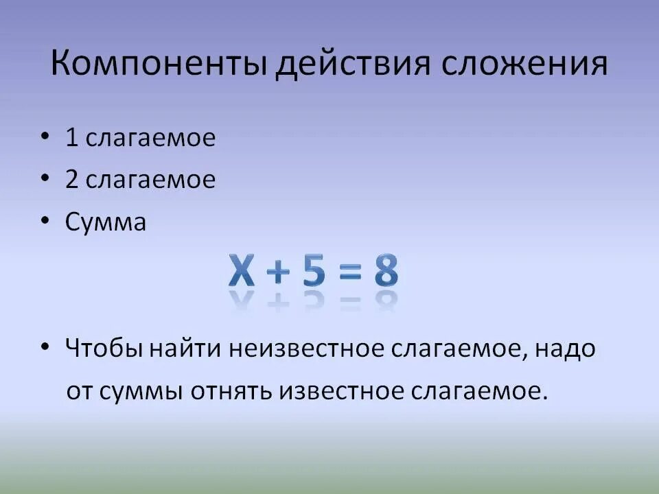 Элементы суммы и разности. Компоненты действия сложения. Нахождение неизвестных компонентов сложения и вычитания. Нахождение неизвестного компонента сложения и вычитания. Как найти компоненты при сложении.