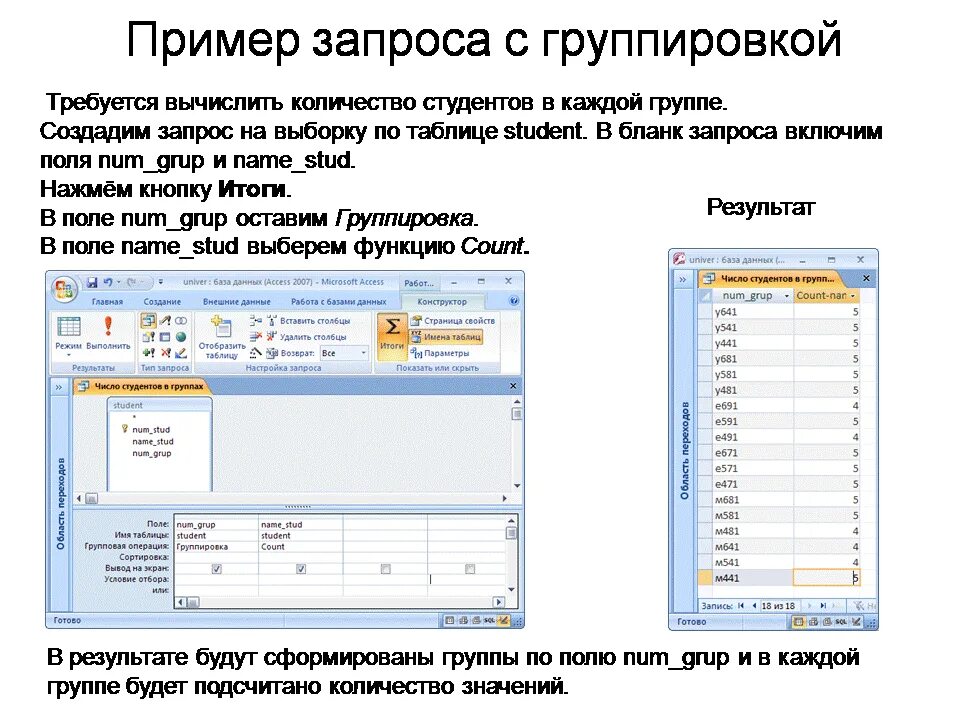 Запрос можно использовать для. Запрос на группировку данных. Запроса с группировкой базы данных. Группировка данных access. Группировка записей в запросе в access.