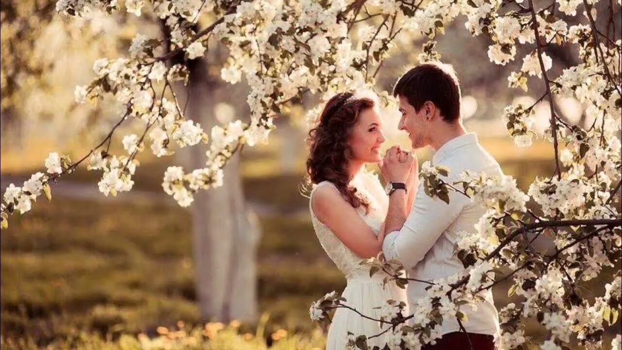 Мы с тобой повстречались ранней весной песня. Влюбленные в весеннем саду. Пара в весеннем саду. Лав стори в цветущем саду. Фотосессия в цветущем саду.