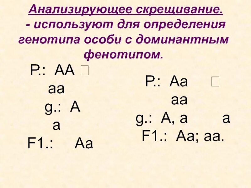 Каков генотип особи аа. Анализирующее скрещивание АА AA. Анализирующее скрещивание фенотип. Схема анализирующего скрещивания. Анализирующее скрещивание пример.