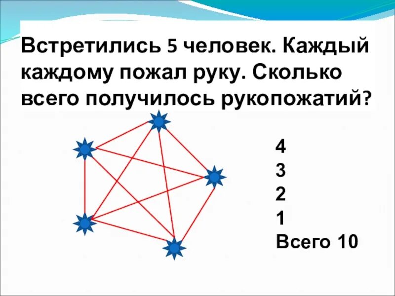 Пять человек обменялись рукопожатиями сколько было рукопожатий. Пять друзей пожали друг другу руки. Задачи на рукопожатия. Десять человек обменялись рукопожатиями сколько сделано рукопожатий. 10 друзей пожали друг другу руки сколько