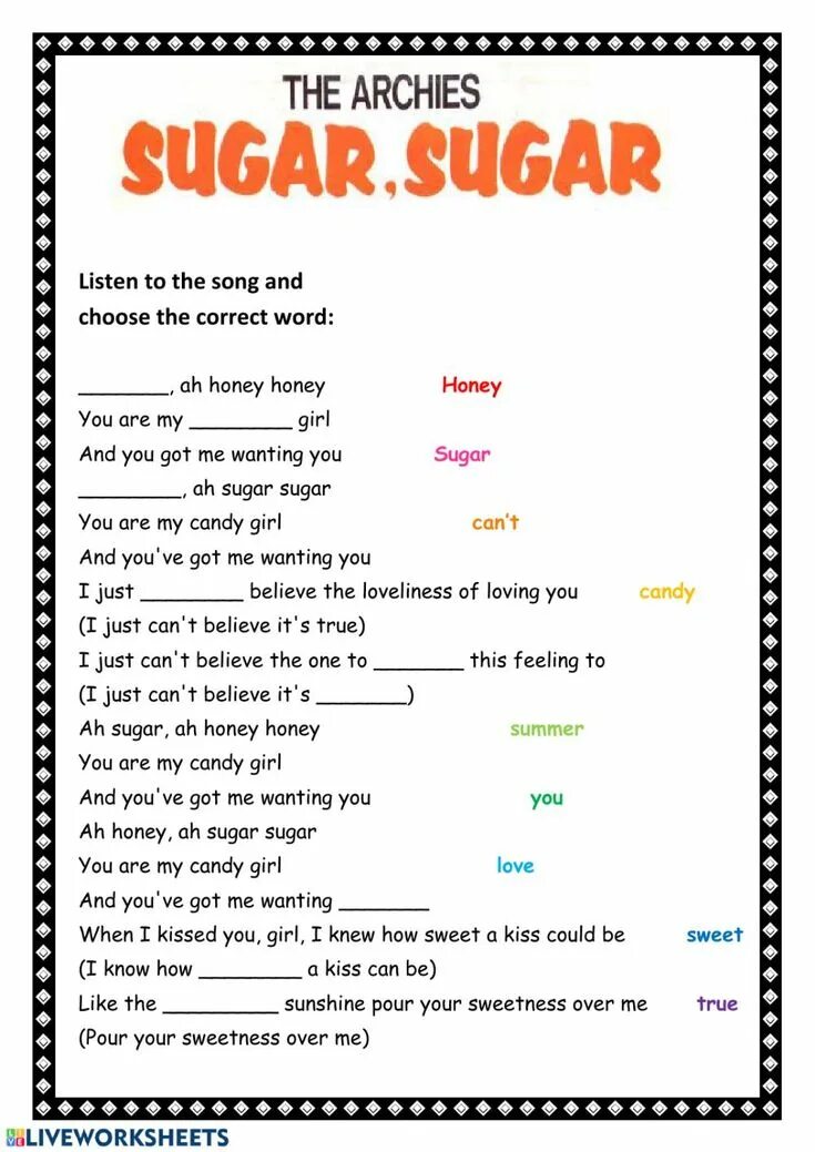 Imx to set sugar. Sugar song. sugar sugar песня. love songs worksheets. song worksheets.