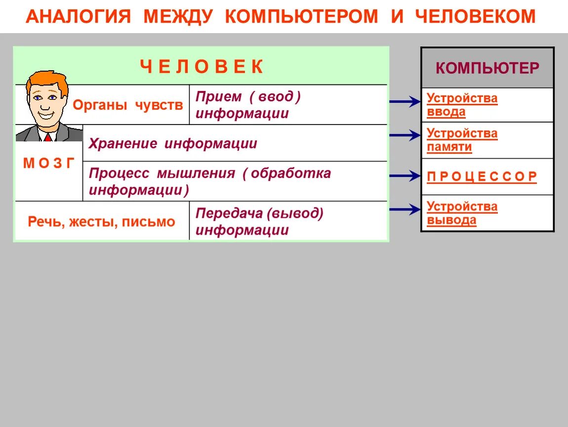 Установите соответствия обработка информации. Аналогия между человеком и компьютером. Что общего между компьютером и человеком. Сравнение человека и компьютера. Органы чувств человека и компьютера.