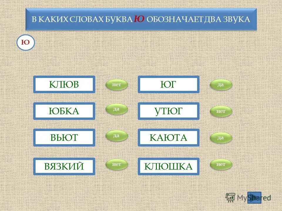 Каком слове буква ю обозначает два звука