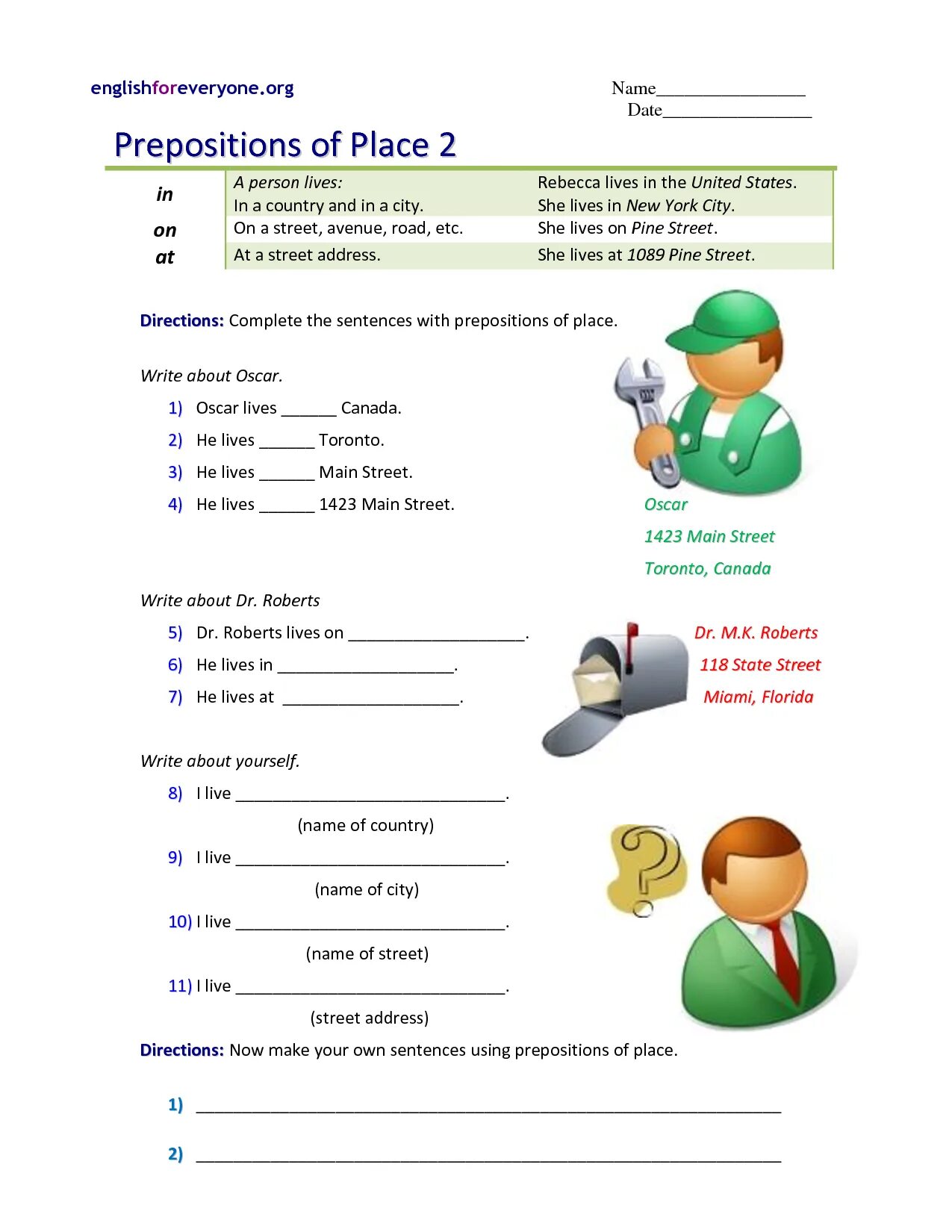 Prepositions with make. Prepositions of place worksheets. englishforeveryone.org.