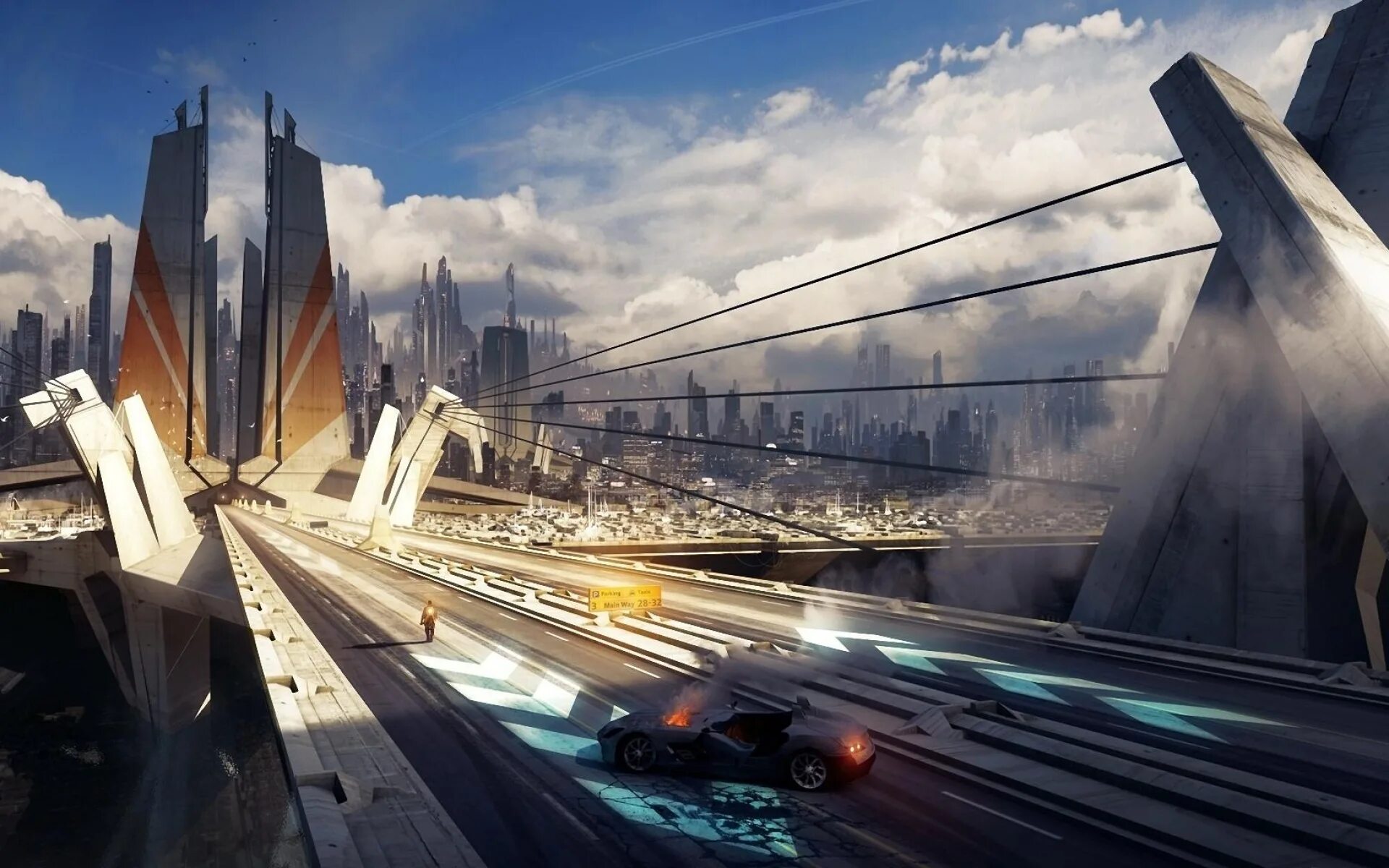 Стоящее будущее. Cyberpunk мост. Футуристический город 4к. Техногенный пейзаж. Город будущего.