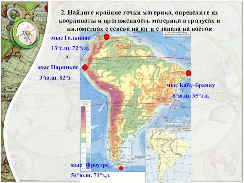 Самая северная точка материка северная америка. Крайние точки Южной Америки. Крайние точки материка Южная Америка. Крайние точки южных материков. Протяженность Южной Америки.