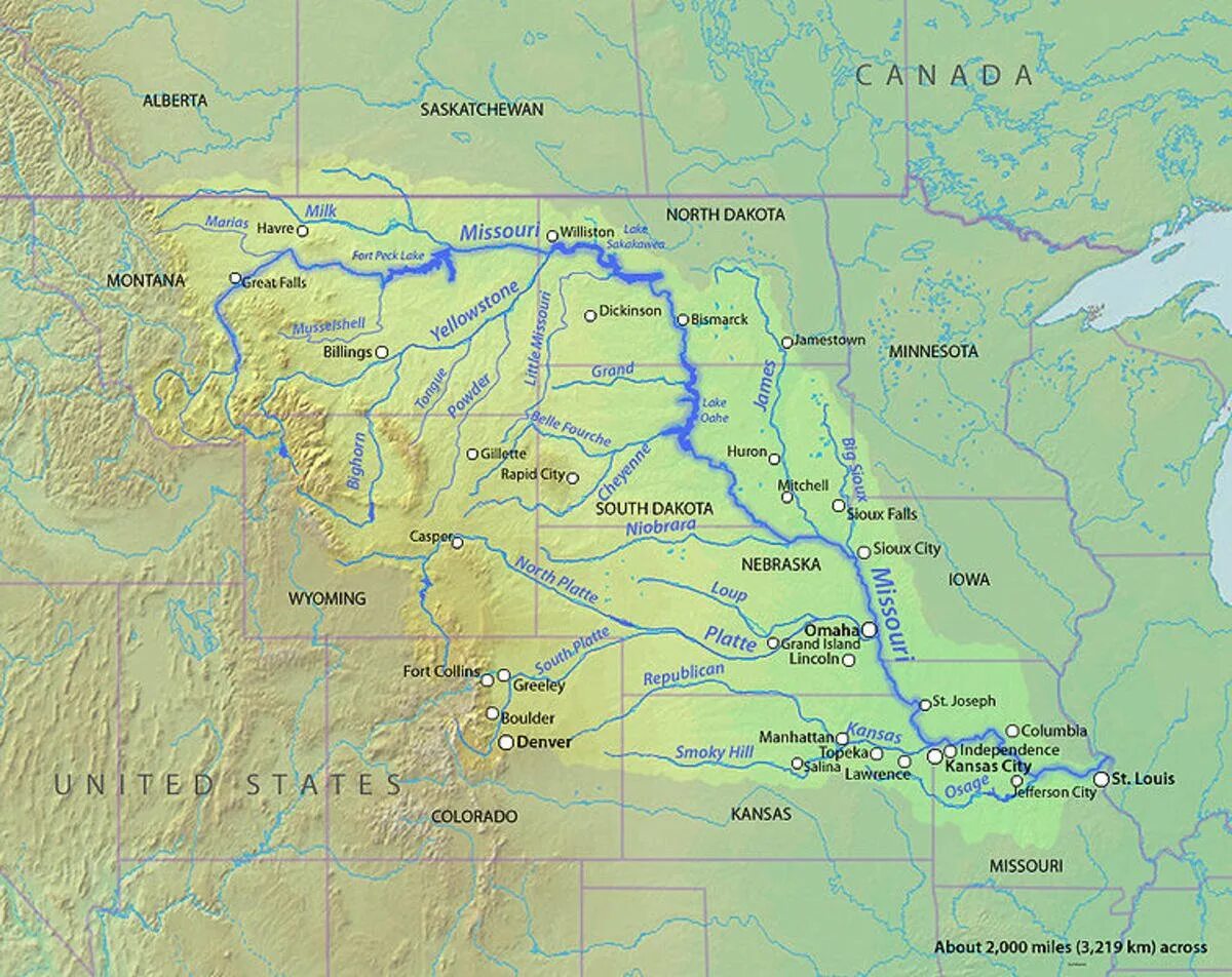 Приток крупнейшей реки северной америки. Бассейн реки Миссури. Плато Миссури на карте Северной Америки. Река Миссури на карте. Река Миссури на карте Северной Америки.