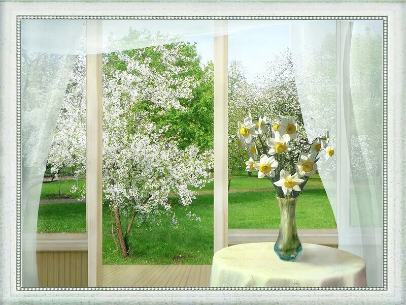 Вновь открытое окно. Весеннее окно. Весенний пейзаж за окном.