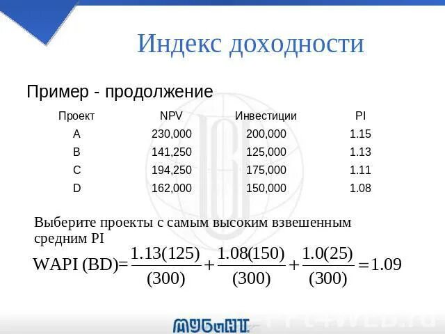 Норма индекса рентабельности. Индекс доходности инвестиционного проекта формула. Индекс рентабельности пример. Индекс прибыльности пример. Индекс рентабельности проекта пример.