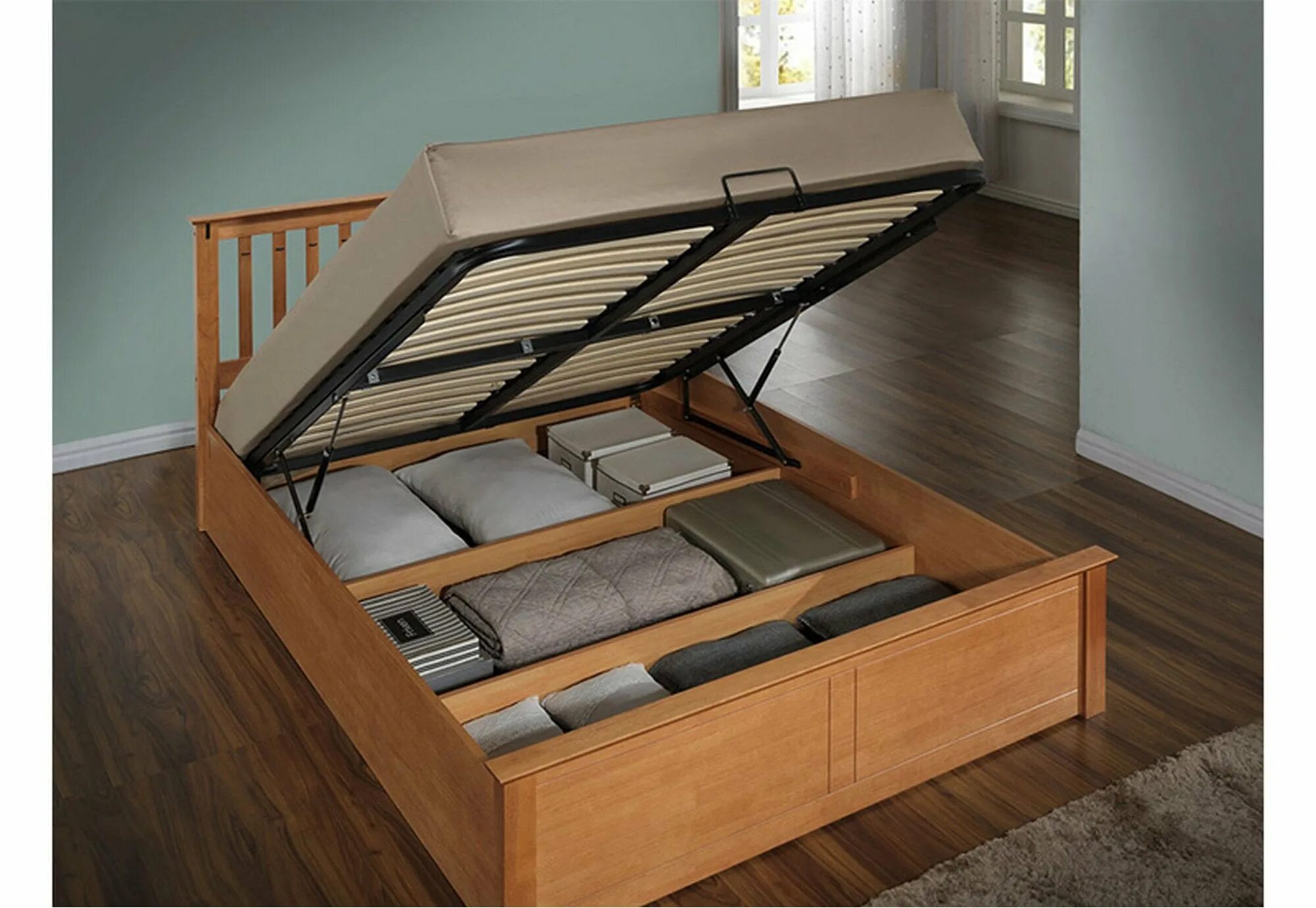 Кровать подъемная из дерева. Двуспальная кровать. Ящик внутри кровати. Основание кровати. Деревянное основание для кровати.