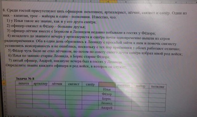 Среди которых присутствуют и. Задача 5 офицеров. Таблица артерелиста. У Петра такое же звание как и у его друга сапера.