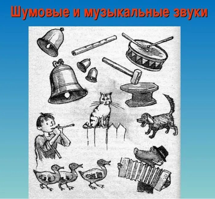 Шумовые звуки и музыкальные звуки рисунки. Шумовые и музыкальные звуки. Примеры шумовых звуков. Музыкальные и шумовые звуки для детей. Примеры шумовых звуков.