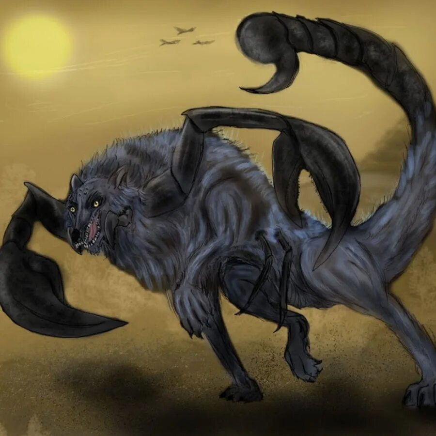 Тело льва хвост скорпиона. Волк Скорпион. Мифическое существо с хвостом скорпиона. Волк с хвостом скорпиона. Ликантропия Скорпион.