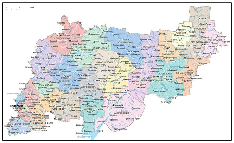 Кострома показать на карте россии. Карта Костромской и Ивановской области с районами. Ивановская Костромская обл на карте. Костромская область города Костромской области. Карта Костромской области с населенными пунктами подробная.