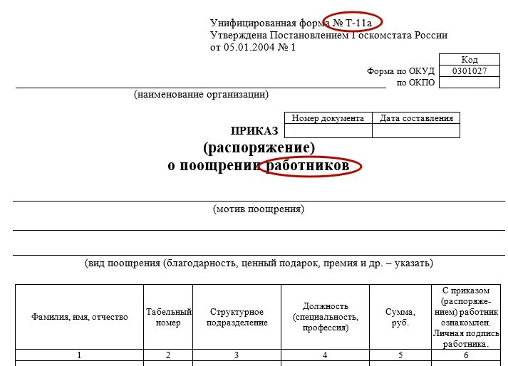 Приказ о поощрении работника т-11. Форма приказа т-11а образец заполнения. Форма т 11а приказ о поощрении работника образец. Приказ о поощрении работника образец заполненный т-11.