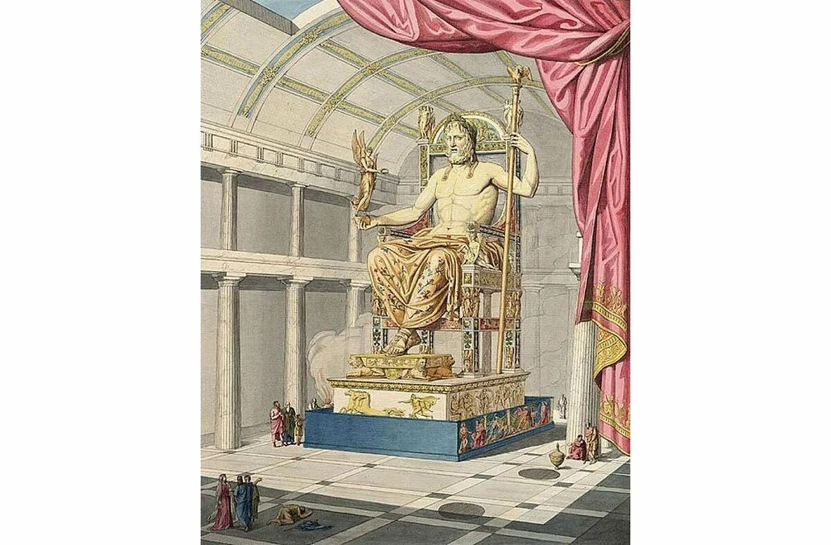 Чудо света статуя Зевса в Олимпии. Статуя Зевса в Олимпии (Олимпия, 435 г. до н. э.),. Скульптура Фидия Зевс Олимпийский. Статуя Зевса 7 чудо света.