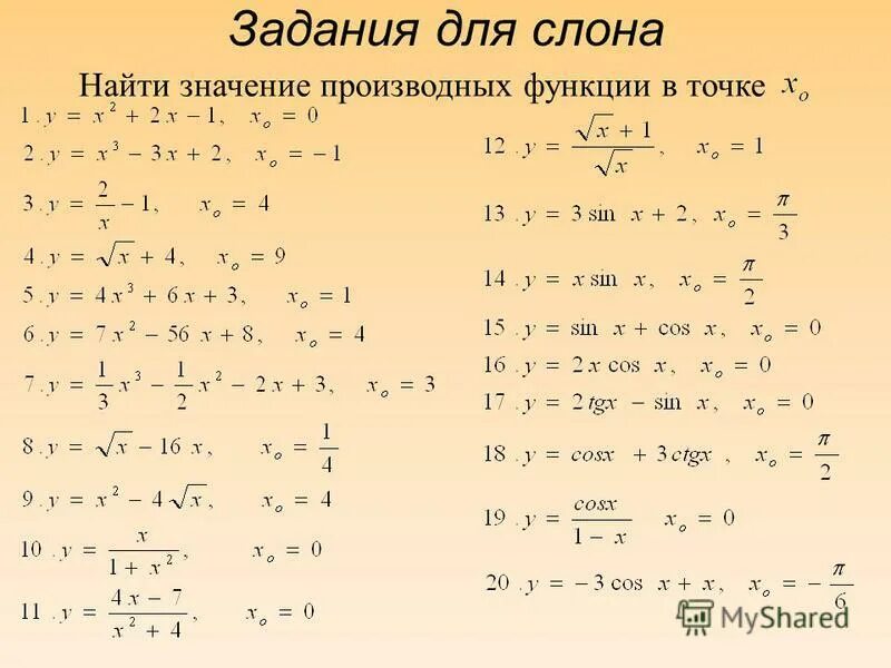 Производная сложной функции 10 класс. Задания на нахождение производных. Нахождение производных 10 класс. Производная функции задания. Производные функции задания.