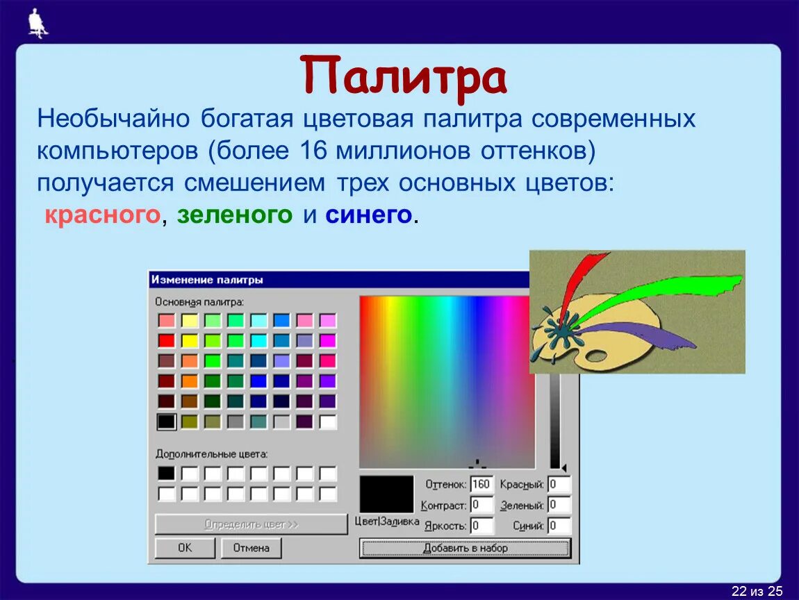Палитра на компьютере. Палитра цветов для презентации. Цветовая палитра Информатика. Цвета в палитре Информатика. Палитра графического редактора.