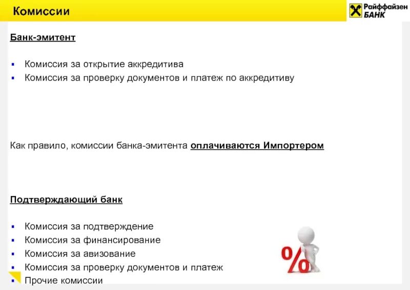 Комиссии банков. Комиссия в банке. Комиссия банка Райффайзен. Банк эмитент банк импортер. Банк комиссия 0