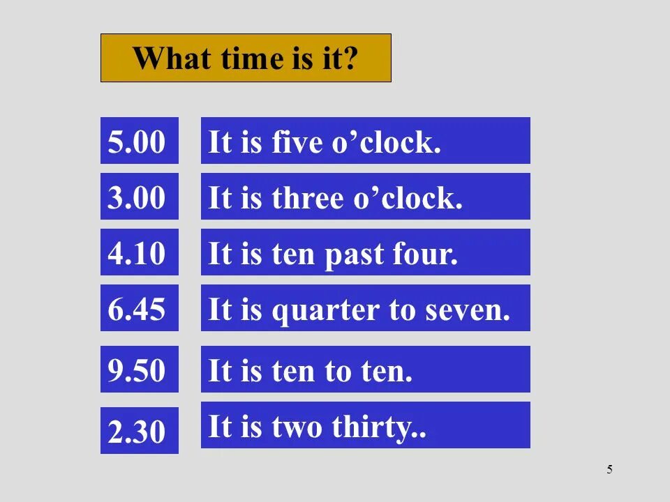 It is Five o'Clock. It is ten o'Clock. Since or for ten o'Clock. It three o Clock.