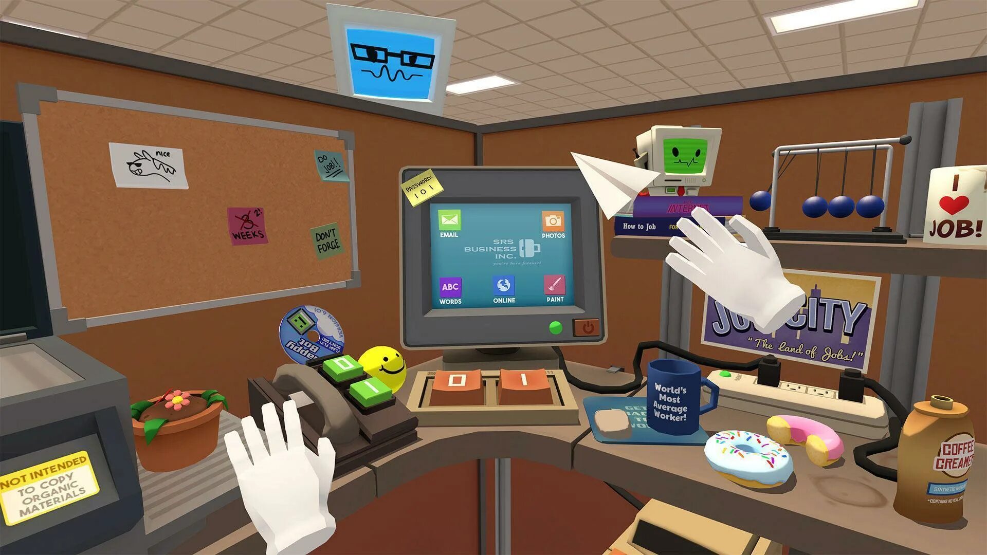 Интернет играть купить. Джоб симулятор ВР. ВР симулятор работника. VR игра job Simulator. PLAYSTATION VR job Simulator.