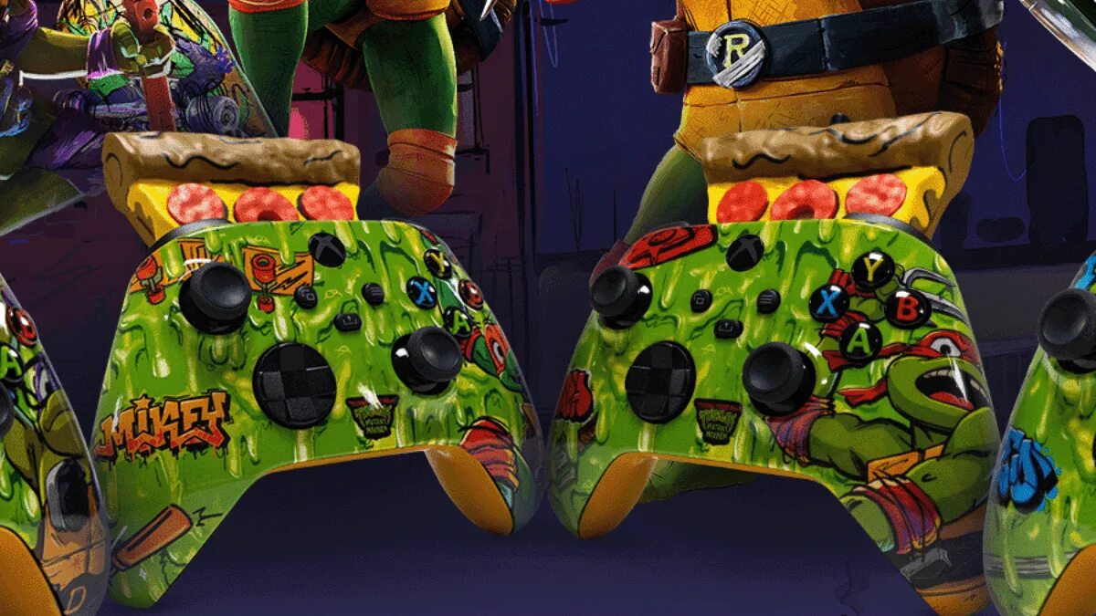 Tmnt xbox. Джойстик Xbox Черепашки ниндзя. Геймпад Xbox пицца. Геймпад с запахом пиццы. Микеланджело машина с пиццей.