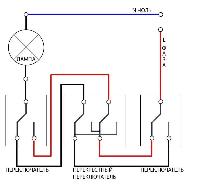 Схема подключения проходного выключателя с 3х мест на две лампочки. Проходной выключатель схема подключения из 3 мест двухклавишный. Схема соединения перекрестных выключателей из 3-х мест. Схема подключения проходного выключателя с 3х мест. Какую схему подключения