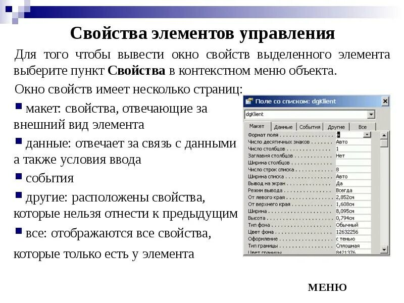 Понятие элемента управления. Элементы управления. Свойства компонентов элементов управления. Элементы управления в access. Элементы управления формы в базе данных.