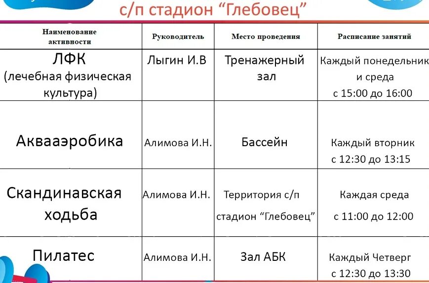 Активное долголетие расписание. Стадион Глебовец. Глебовец бассейн. Расписание занятий активное долголетие.