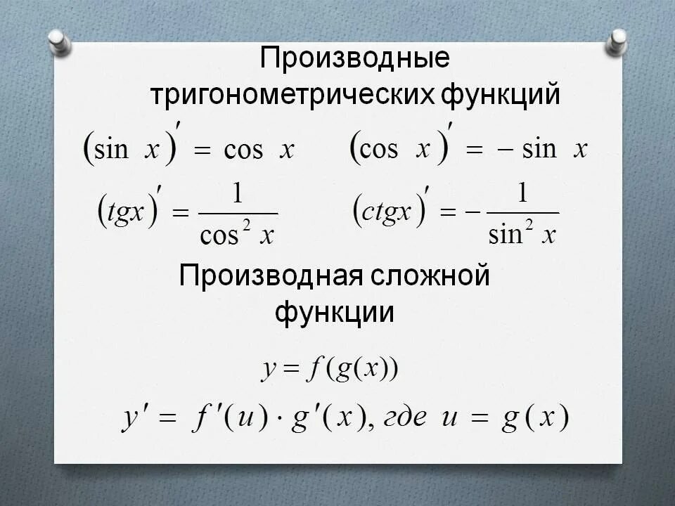 Сложная функция производная f x. Производные сложных тригонометрических функций. Производная сложной функции тригонометрических функций. Формулы нахождения производных тригонометрических функций. Производная тригонометрических функций.