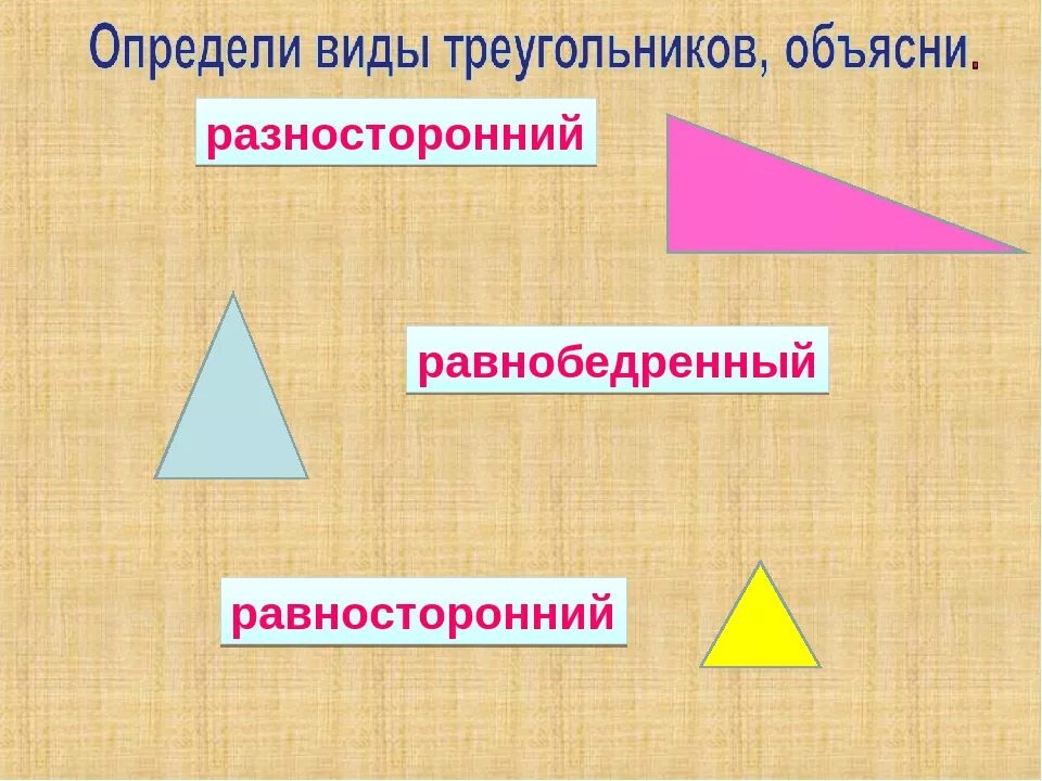 Выпиши названия разносторонних треугольников. Виды треугольников 3 класс. Неравносторонний треугольник. Равнобедренный равносторонний и разносторонний треугольники. Определите вид треугольника.