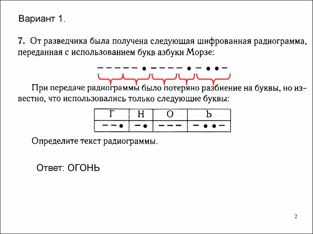 От разведчика была получена азбука морзе. Следующая шифрованная радиограмма переданная с использованием. От разведчика была получена следующая шифрованная. От разведчика была получена шифрованная радиограмма переданная. При передаче радиограммы было потеряно разбиение на буквы.