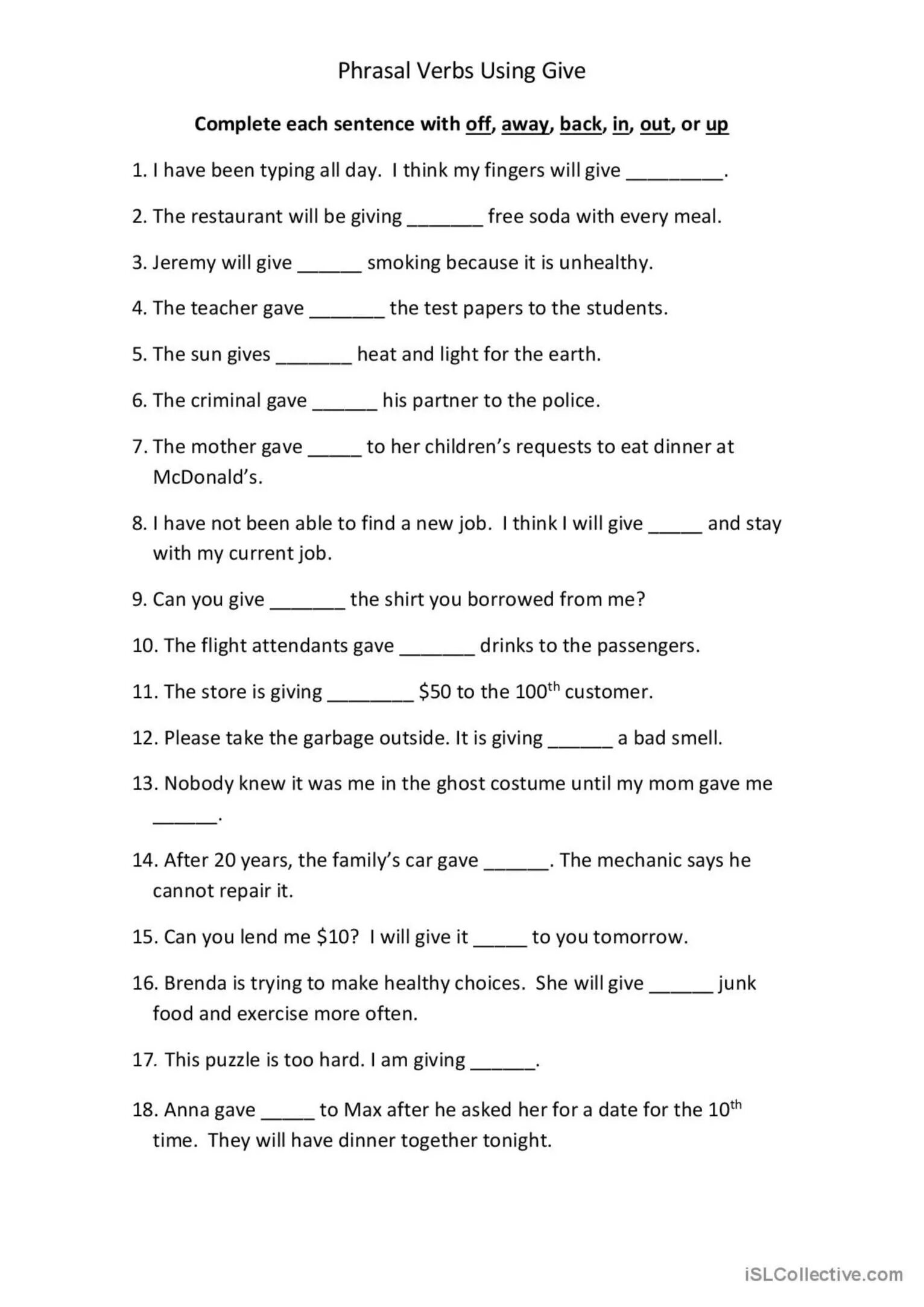 Fill in off away back up. Фразовый глагол give Worksheets. Phrasal verbs Worksheets. Фразовый глагол give exercises. Phrasal verb give Worksheets.