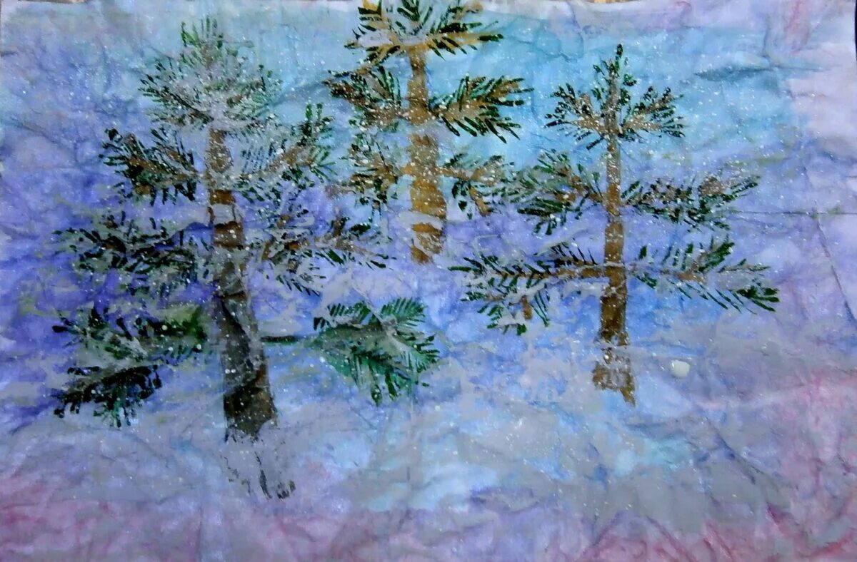 Нетрадиционное рисование на зимнюю тему. Рисование мятой бумагой. Нетрадиционное рисование на тему зима. Рисование мятой бумагой зима. Техника рисования мятой бумагой.