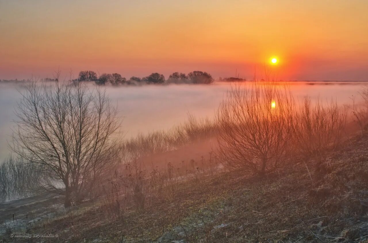 Забелелся туман за рекой. Весенняя ночь. Фото рассвета на природе. Апрельское утро.